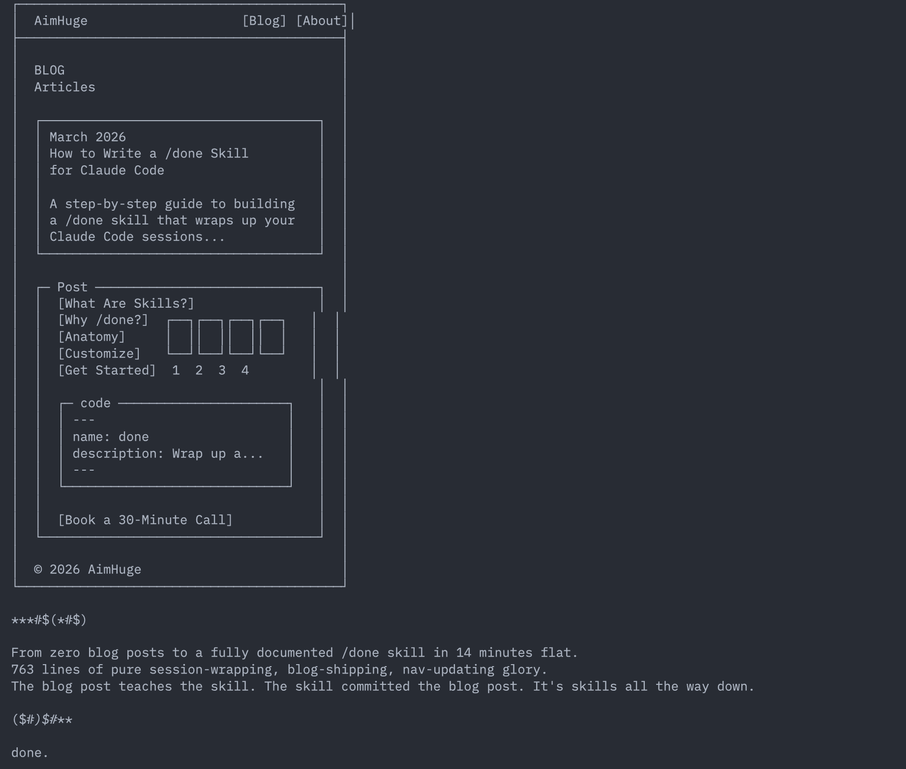 Claude Code /done skill output showing ASCII art of the blog page and a goodbye message