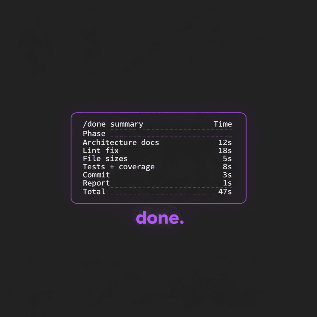 Terminal showing /done skill summary output with phase timing