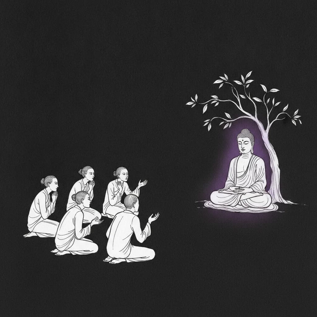 Ink-line illustration of the Buddha seated in meditation beneath a bodhi tree, glowing faintly purple, with the Kalamas gathered before him, some with hands raised in question