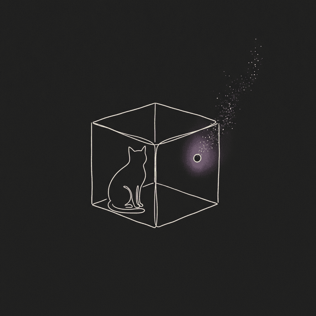 Ink-line illustration of Schrödinger's box with a small glowing air hole, particles escaping into the dark