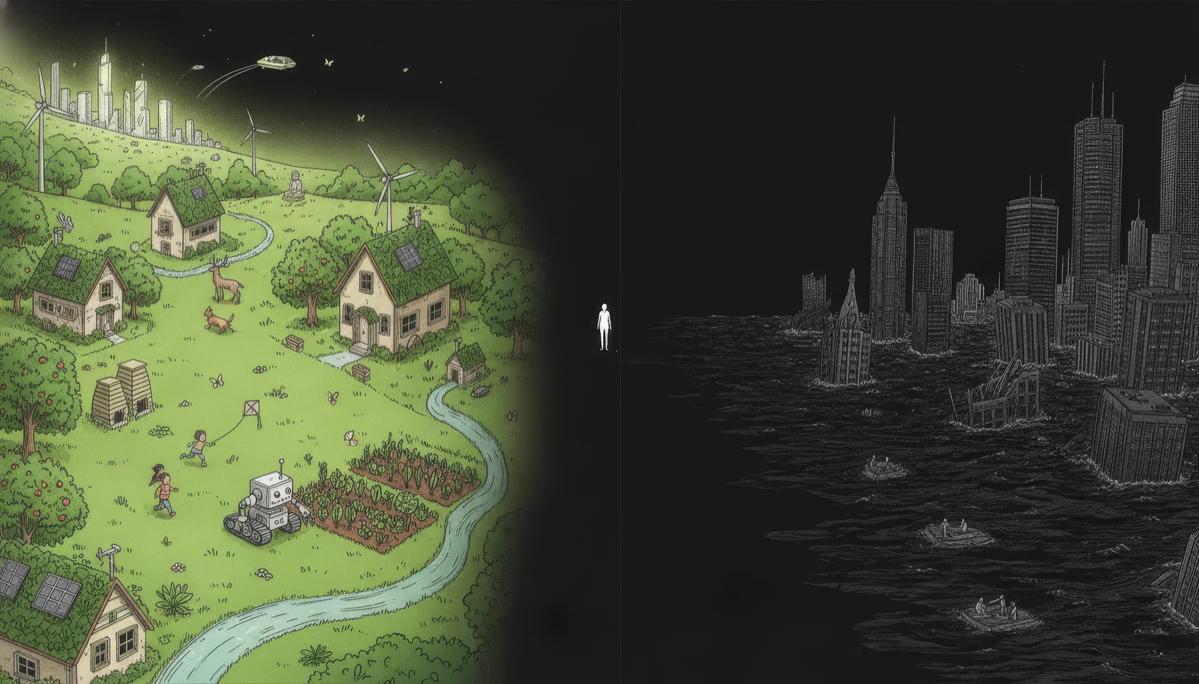 Ink-line illustration glowing purple on the left — a playful green solarpunk village: children playing with a dog and a kite, a robot harvesting the vegetable garden, cottages, wind turbines, a winding stream and a flying car overhead; on the right a grey city drowned under a dark flood, skyscrapers half-submerged with boats on the water; a lone figure at the seam facing the green side