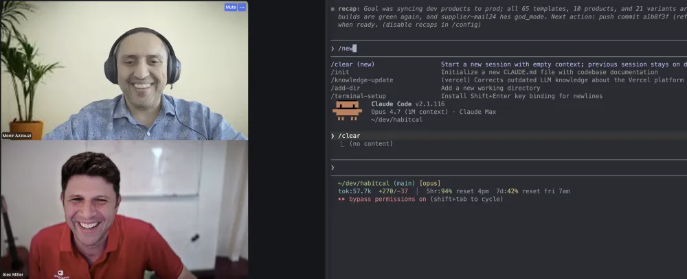 Alex Miller on a 1:1 coaching call with a technical executive, pair-programming live in Claude Code
