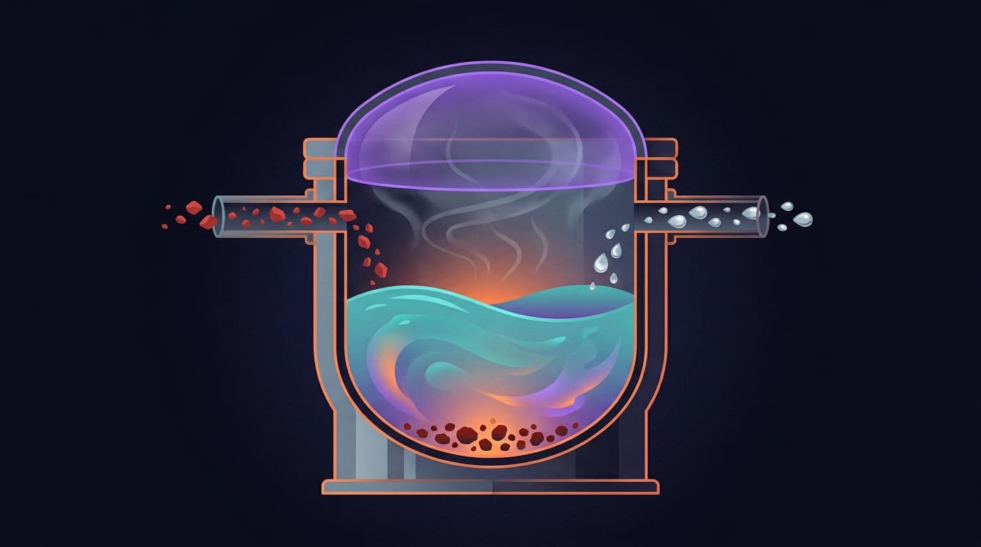 HPAL autoclave cross-section: pressure as a shield dome over hot turquoise slurry